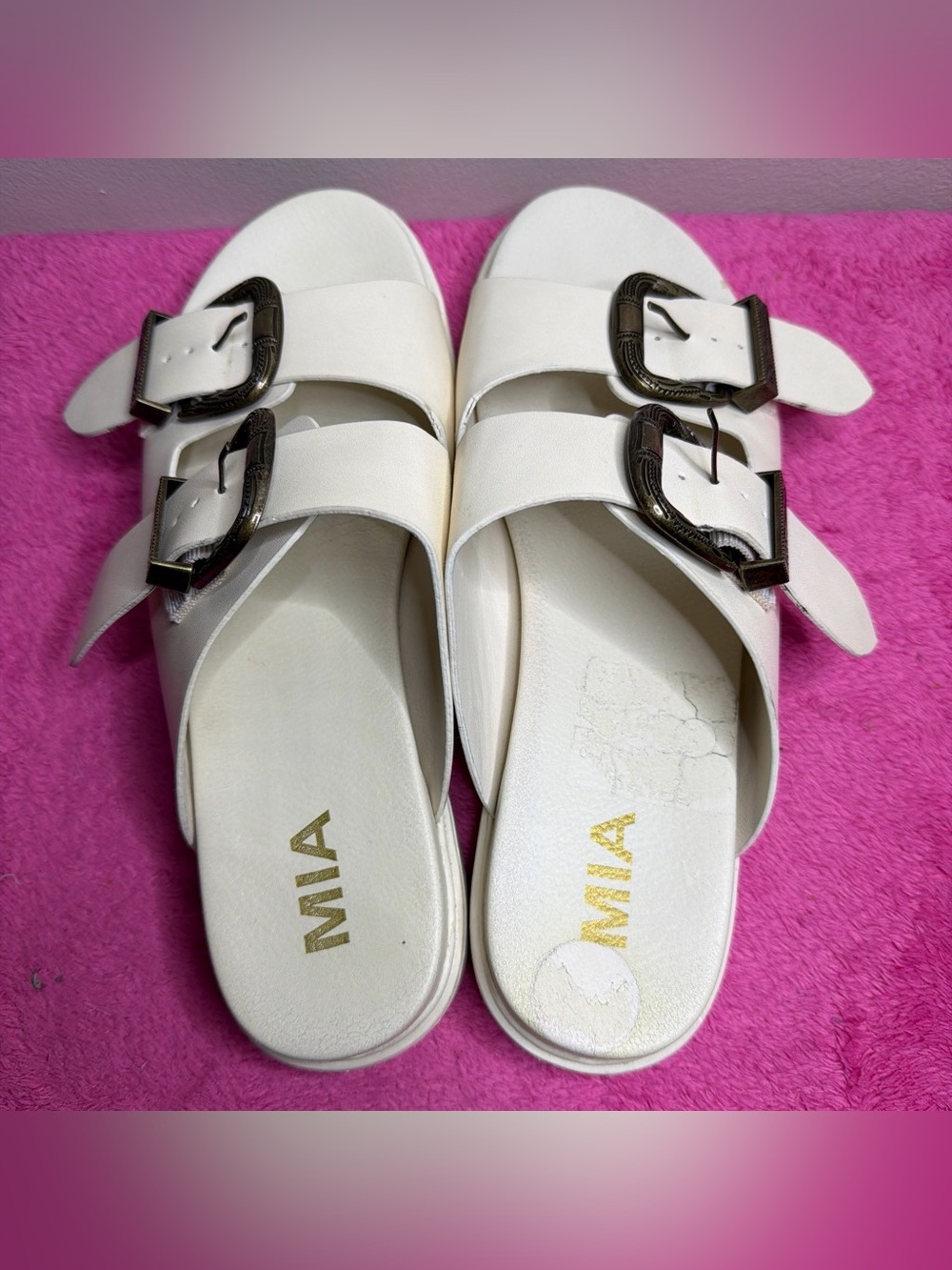 MIA White Double-Strap Slide Sandals with Antiqued Buckles - Picture 2 of 4